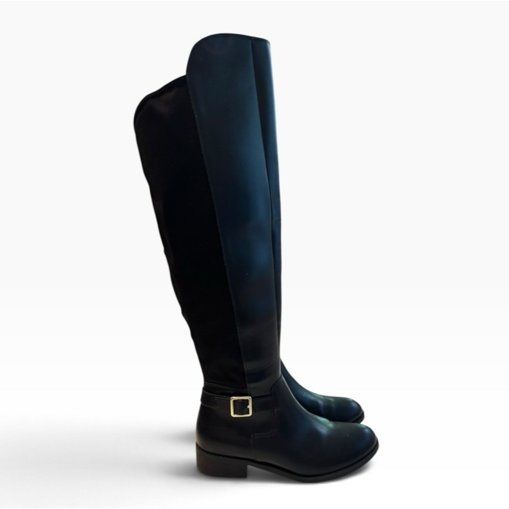 Black Knee High Riding Boots Women's 8.5 Gold Zip Buckle Low Heel Equestrian